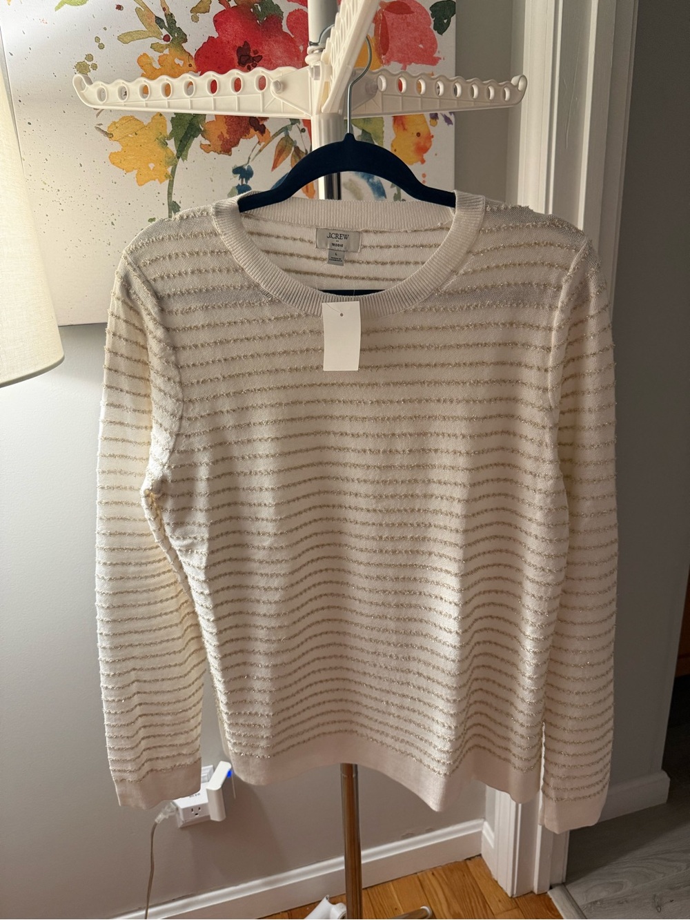 J. Crew Cream Sweater with Gold Metallic Stripes